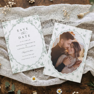 Vintage Oval Salbeigrüne Französische Florale Hoch Save The Date