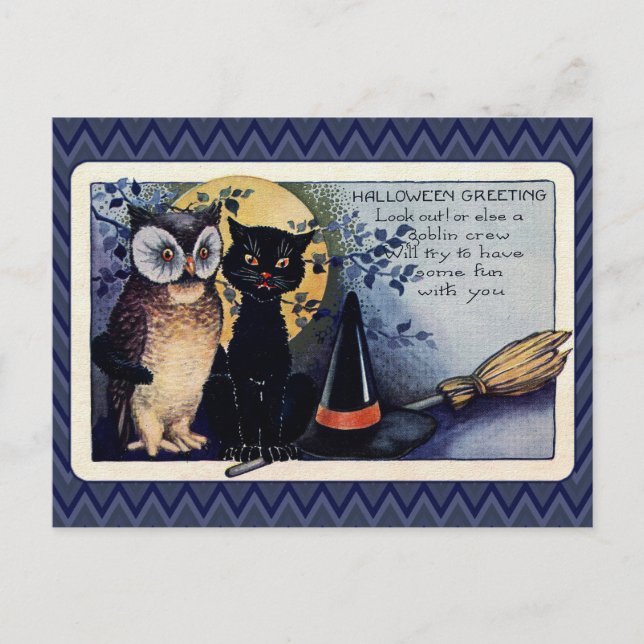 Vintage Owl und Cat Halloween Gruß Postkarte (Vorderseite)