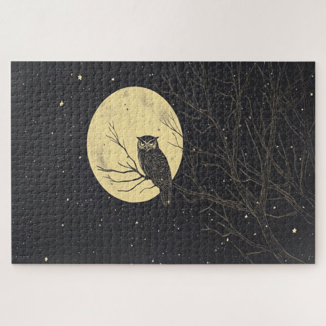 Vintage Owlingkunst unter Mondlicht Puzzle (Horizontal)
