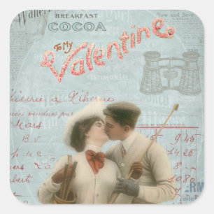 Vintage Paar-Collage des Valentines küssende Tage Quadratischer Aufkleber