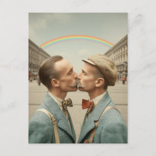 Vintage Paar küsst sich unter einem Regenbogen Postkarte