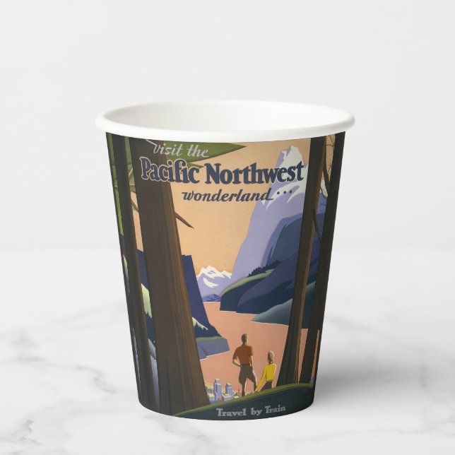 Vintage Pacific Northwest Reiseplakat 1925 Zug Pappbecher (Vorderseite)