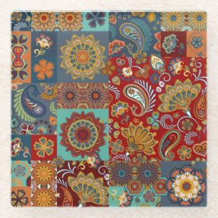 Vintage-Paisley-Mandala-farbige Patchworkarbeit Glasuntersetzer
