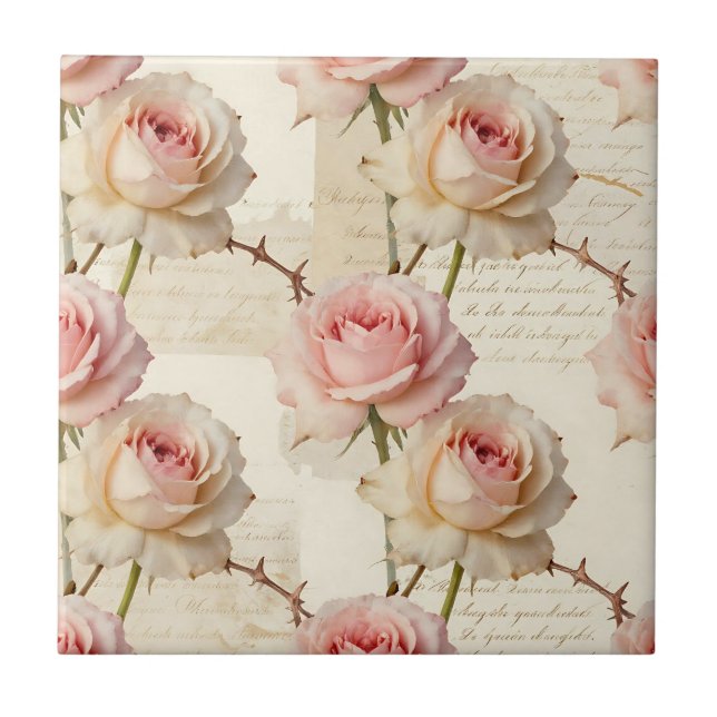 Vintage Pale Pink Rose Script Pattern Fliese (Vorderseite)