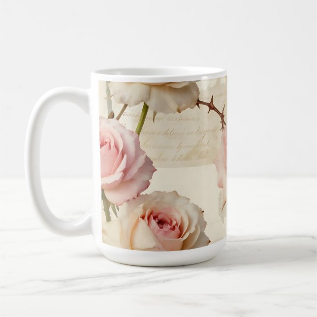 Vintage Pale Pink Rose Script Pattern Kaffeetasse (Links)