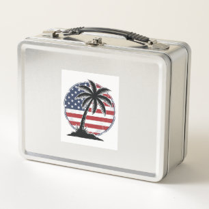 Vintage-Palmenbaum-Amerikanische-Flagge-Sommer-Shi Metall Brotdose