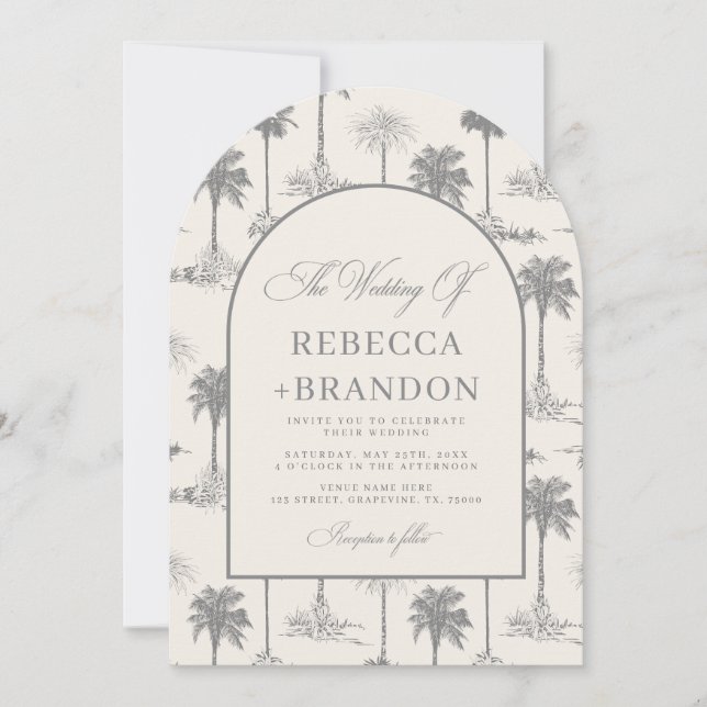 Vintage-Palmenbaum-Toile-QR-Code-Strandhochzeit Einladung (Vorderseite)