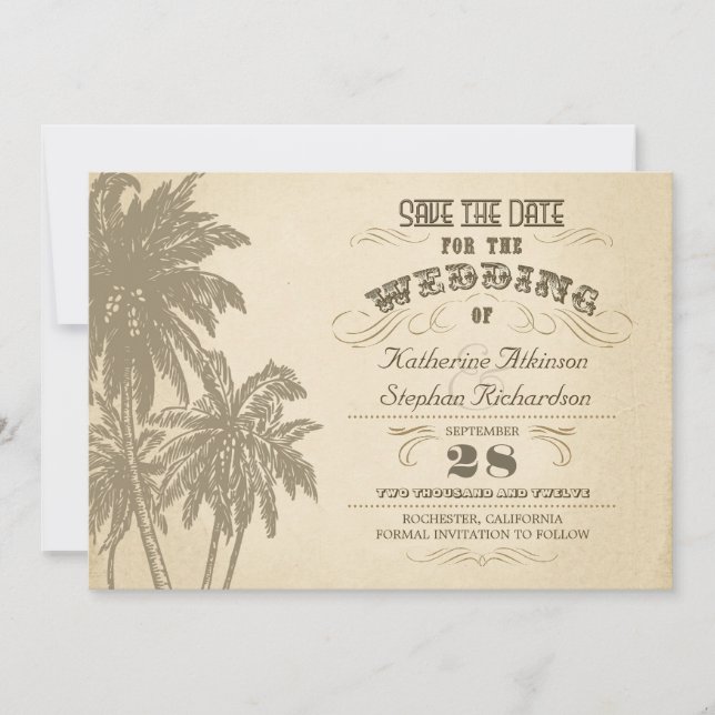 Vintage Palmentypografie Save the Date (Vorderseite)
