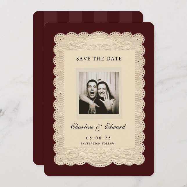 Vintage Paper Lace Burgundy Save the Date (Von Creator hochgeladen)