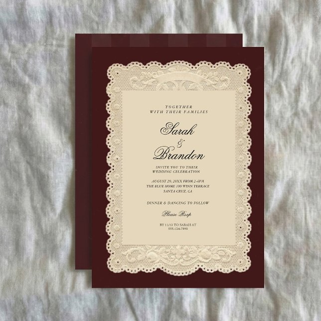 Vintage Paper Lace Burgundy Wedding Invitation Einladung (Von Creator hochgeladen)