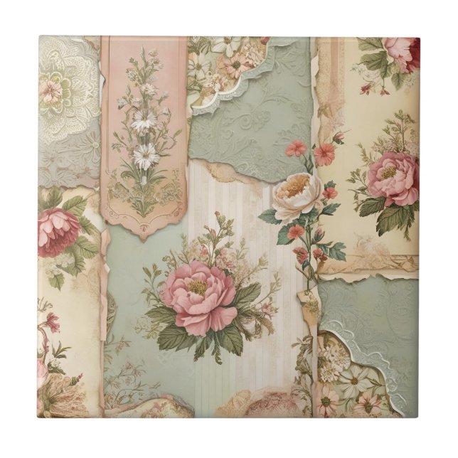 Vintage-Papier und Blumen Fliese (Vorderseite)