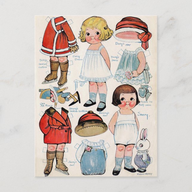 Vintage Papierpuppe Postkarte (Vorderseite)