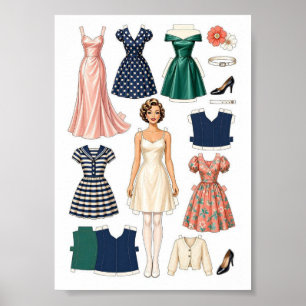 Vintage-Papierschneidepuppen-Aktivität für Mädchen Poster