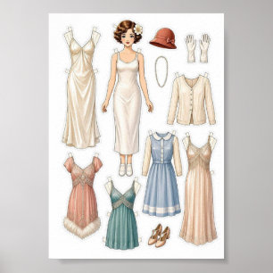 Vintage-Papierschneidepuppen-Aktivität für Mädchen Poster