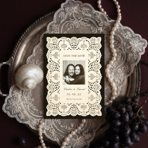 Vintage-Papierspitze Schwarz Save the Date Einladung