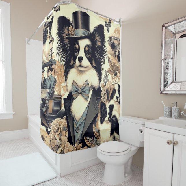 Vintage Papillon Dog Illustration Duschvorhang (Beispiel)