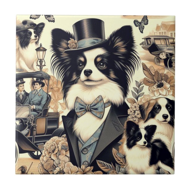 Vintage Papillon Dog Illustration Fliese (Vorderseite)