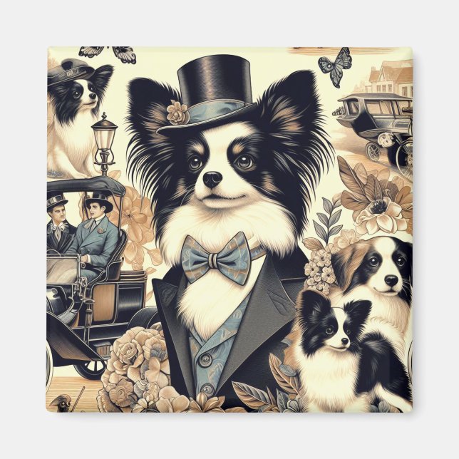 Vintage Papillon Dog Illustration Magnet (Vorne)