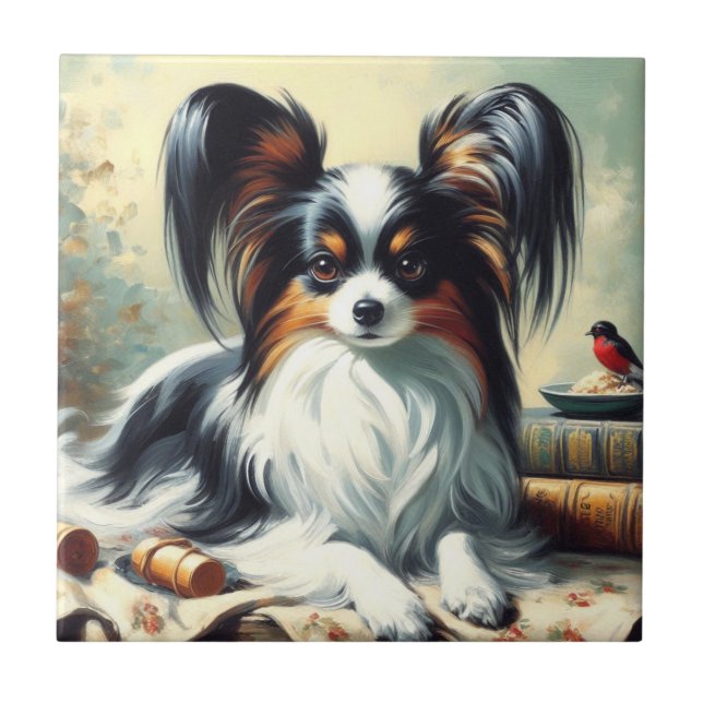 Vintage Papillon Dog-Malerei Fliese (Vorderseite)