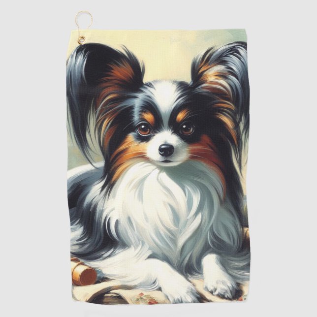 Vintage Papillon Dog-Malerei Golfhandtuch (Vorderseite)