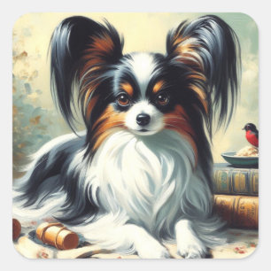 Vintage Papillon Dog-Malerei Quadratischer Aufkleber