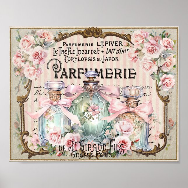 Vintage Parfümflaschen Rose Französisches Script P Poster (Vorne)
