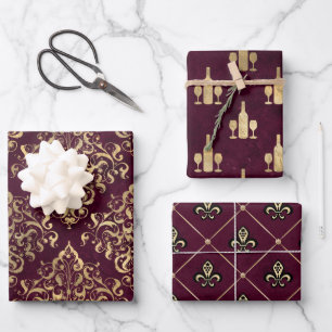 Vintage-Paris-Burgund und Gold-Grunge-Wein Geschenkpapier Set
