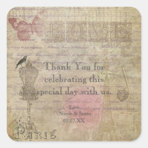 Vintage-Paris-Chic-Hochzeitsfeier-Geschenkaufklebe Quadratischer Aufkleber