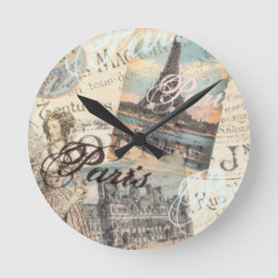 Vintage-Paris-Decoupage-Wahrzeichen-Typografie Runde Wanduhr