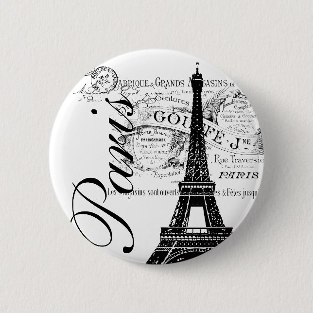 Vintage Paris & Eiffelturm Etikett Button (Vorderseite)