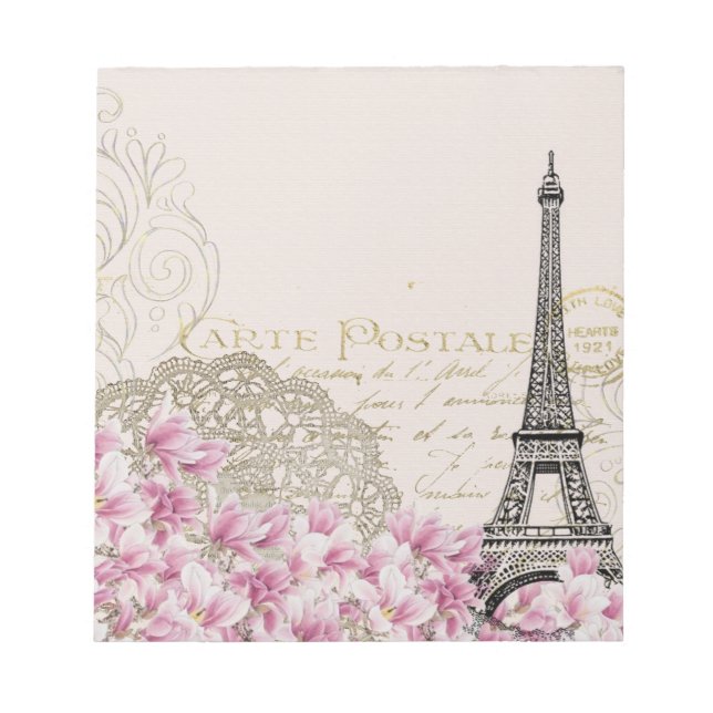 Vintage Paris Eiffelturm Florale Kunstillustration Notizblock (Vorderseite)