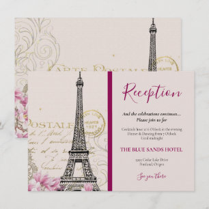 Vintage Paris Eiffelturm rosa Blüten Hochzeit  Begleitkarte