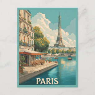 Vintage Paris: Eiffelturm & Seine-Café Postkarte