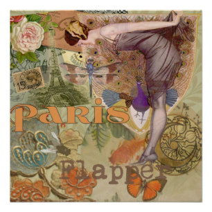 Vintage-Paris-Flapper-Art-Déco-Pfauen-Collage Poster