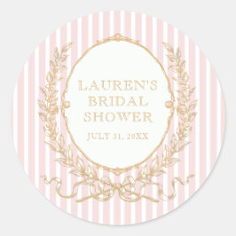 Vintage Paris Glam | Pink Stripe Bridal Shower Runder Aufkleber