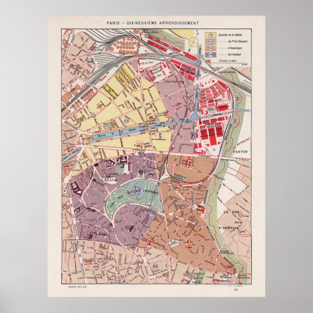 Vintage Paris Map, 1900 - 19th Arrondissement Poster (Vorne)