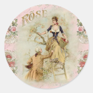 Vintage-Paris-Pärchen beim Obstpflücken Pink Dekor Runder Aufkleber