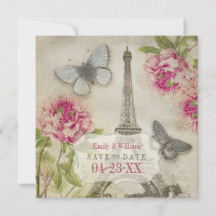 Vintage-Paris-Pfingstrosen-Hochzeit-Einladung zum Save The Date