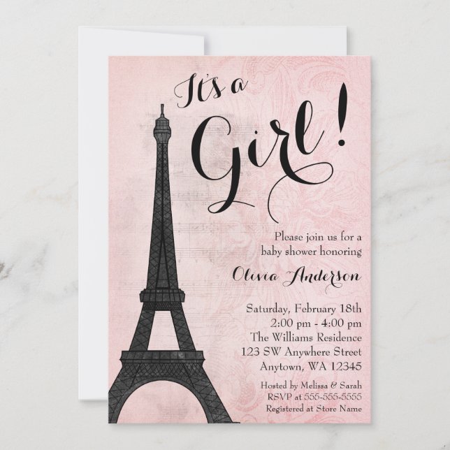 Vintage Paris Pink Black Girl Baby Shower Einladung (Vorderseite)