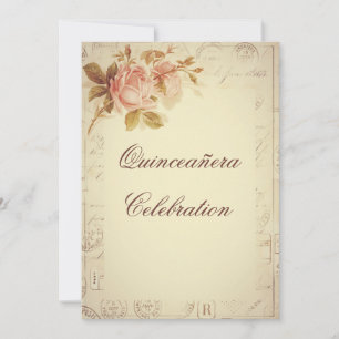 Vintage-Paris-Poststempel Chic Rosen Quinceañera Einladung