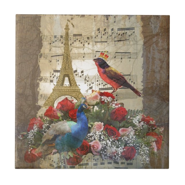 Vintage Paris- u. Vogelmusikblattcollage Fliese (Vorderseite)