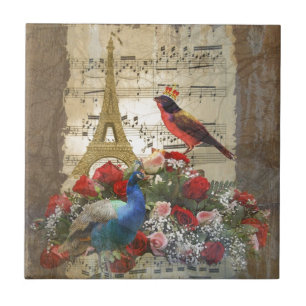 Vintage Paris & Vögel Musikalienblatt Collage Fliese