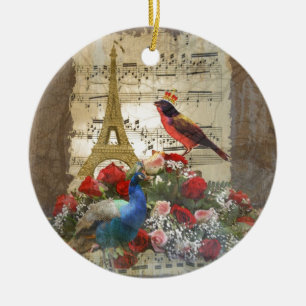 Vintage Paris & Vögel Musikblatt Collage Keramik Ornament