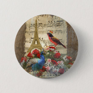 Vintage Paris & Vogelmusikblatt Collage Button