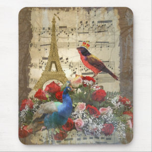 Vintage Paris & Vogelmusikblatt Collage Mousepad