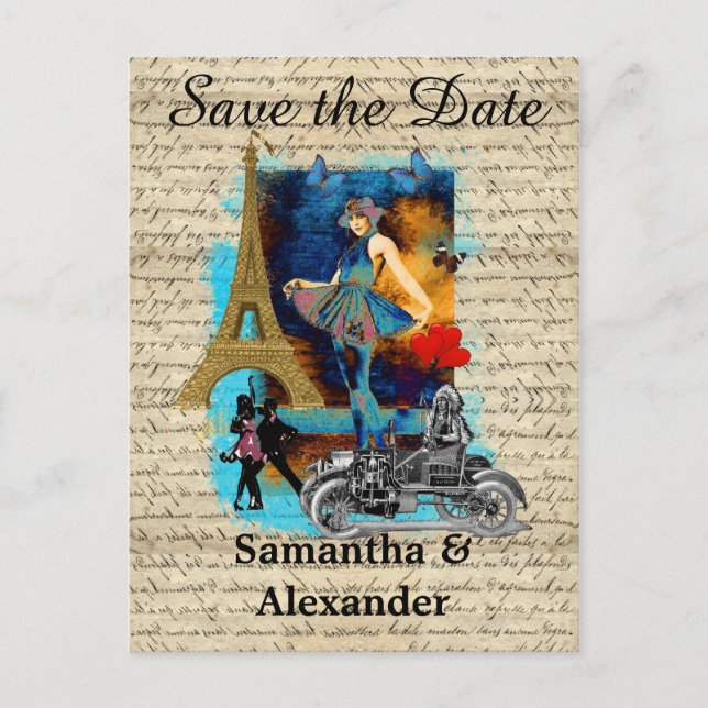 Vintage Pariser Collage Save the Date Ankündigungspostkarte (Vorderseite)
