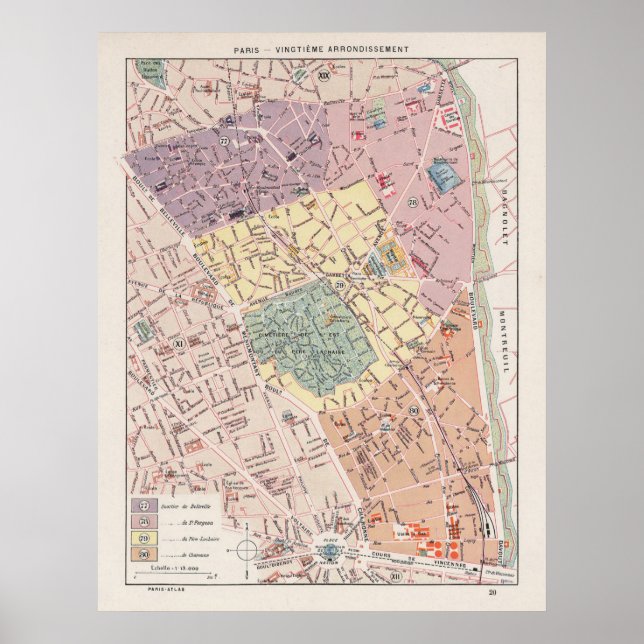 Vintage Pariser Karte, 1900 - 20. Arrondissement Poster (Vorne)