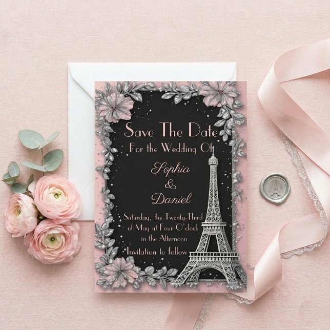 Vintage Pariser Rosa Silber Save-the-Date-Karte (Vintage Parisian Blush Pink Silver Save The Date)