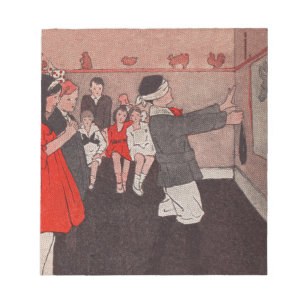 Vintage Party Games - Button des Schwanzes auf dem Notizblock