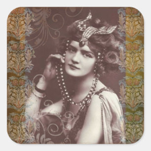 Vintage-Party-Girl auf viktorianischen Teppichstic Quadratischer Aufkleber